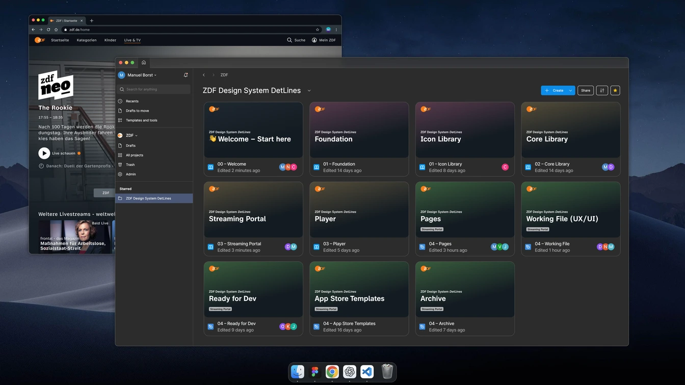 Workspace showing Figma file “ZDF Design System DetLines” beside the live ZDF website