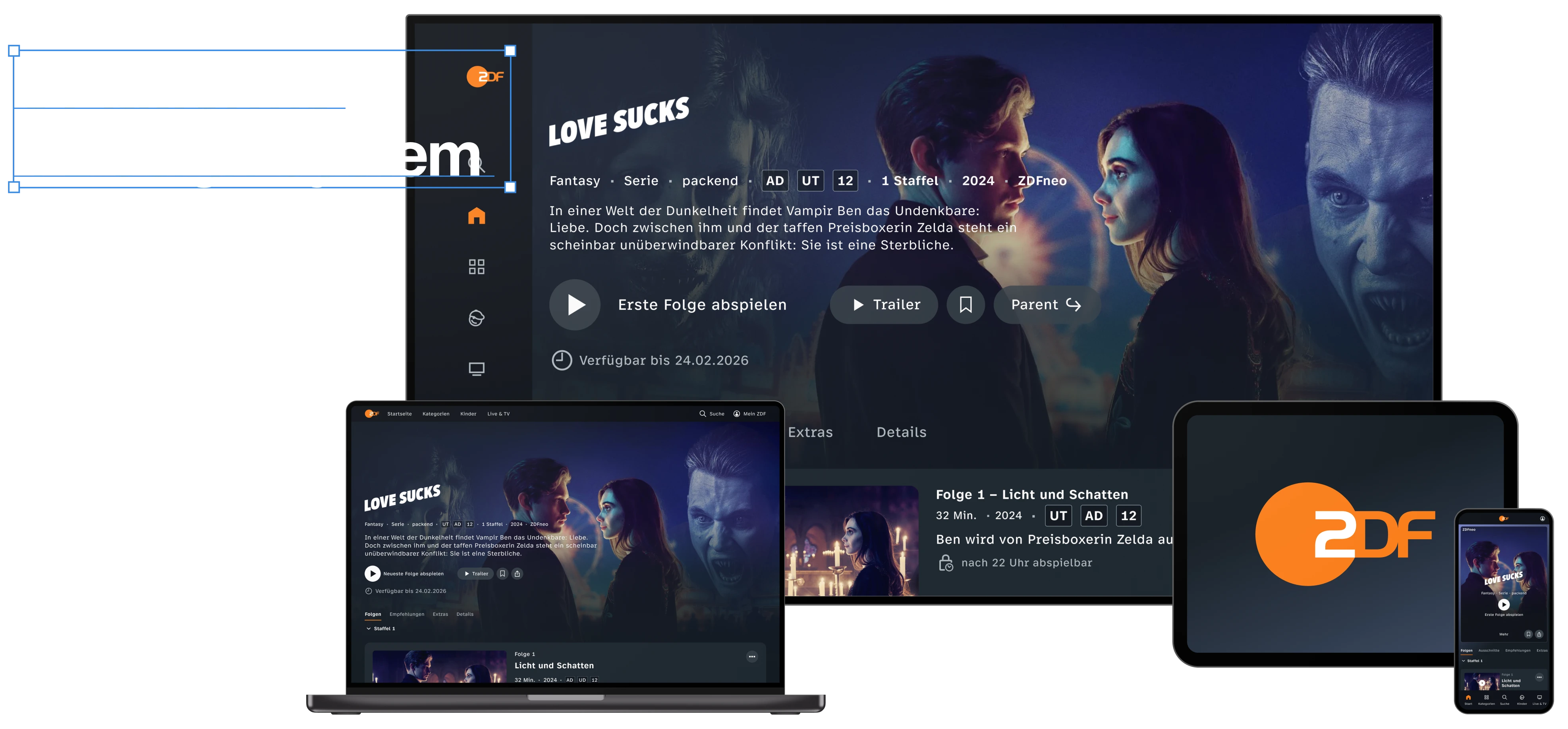 Device mockups (TV, laptop, tablet, phone) sharing one “Love Sucks” UI — “6 Platforms 1 Design System”
