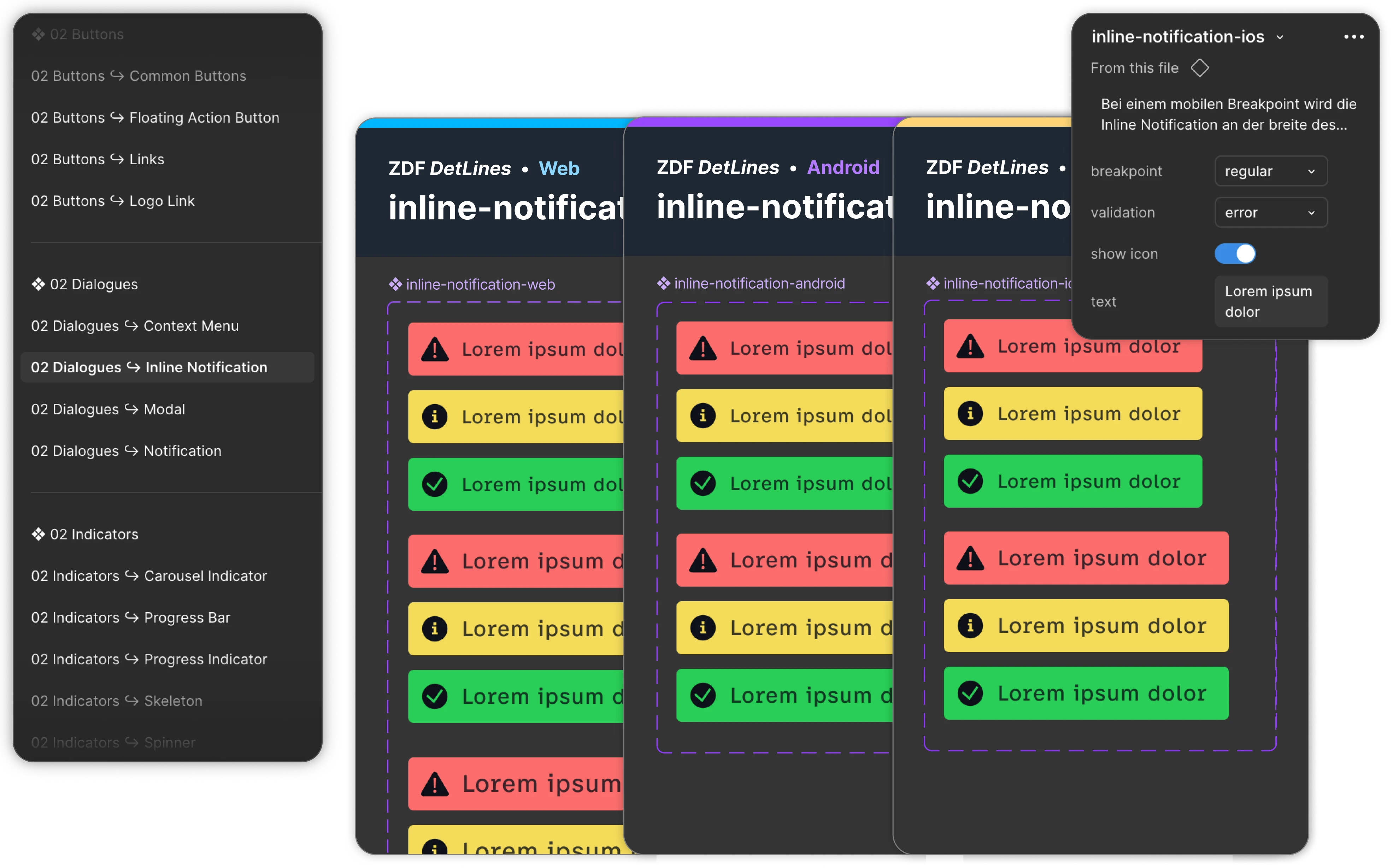Inline notification component compared across web, Android, and iOS