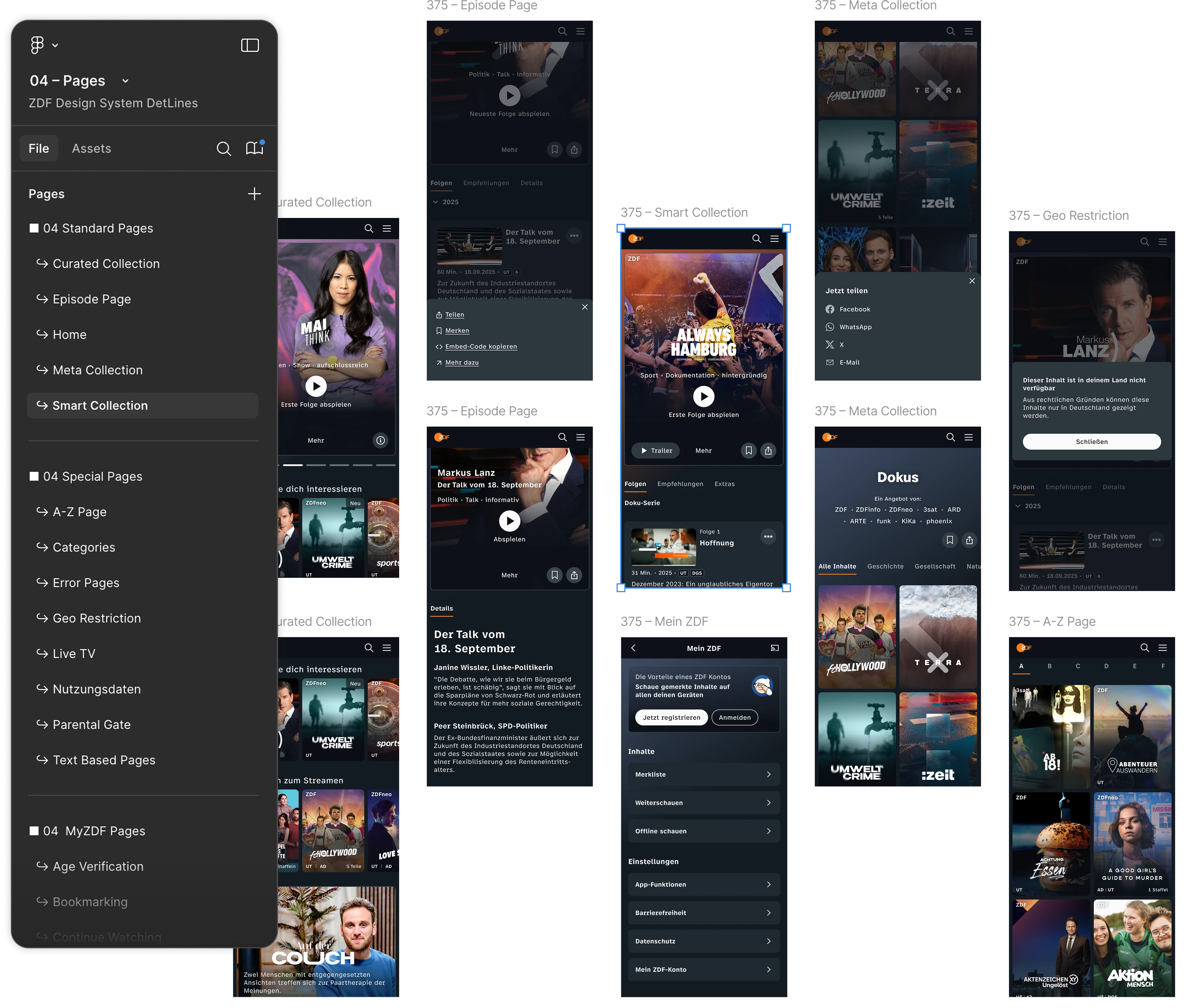Mobile page templates: Smart Collection, episode page, documentaries, A–Z, and My ZDF
