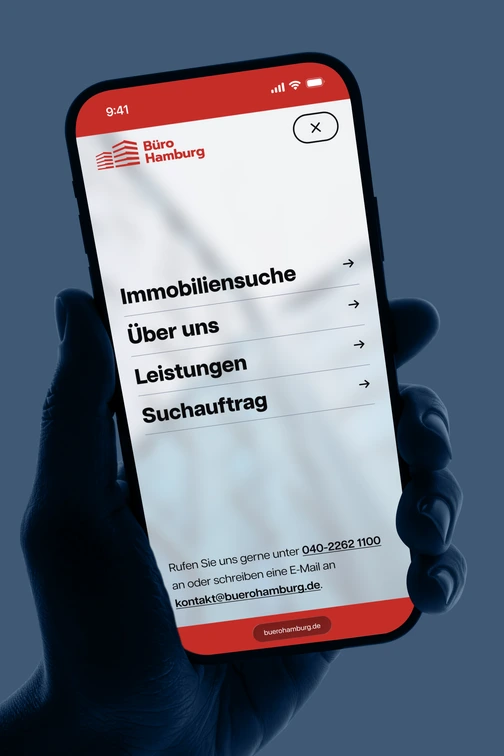 Phone mockup: open main menu with property search and contact