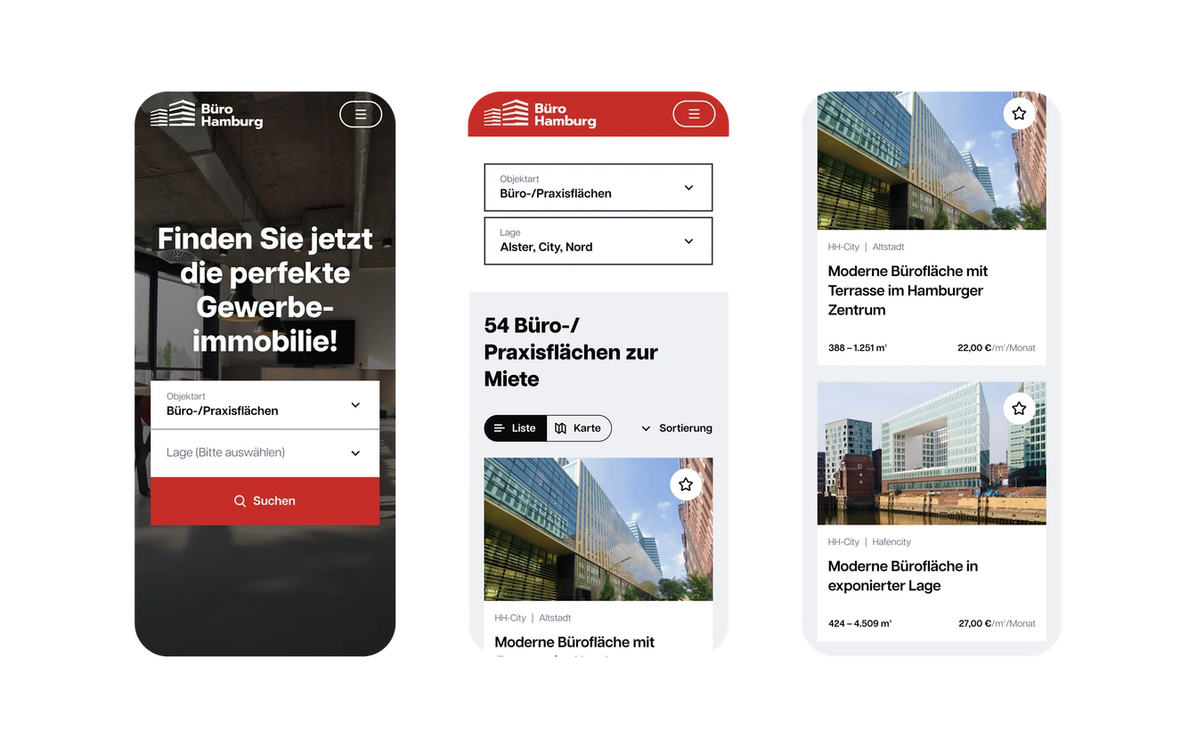 Three phone screens: mobile navigation and content pages