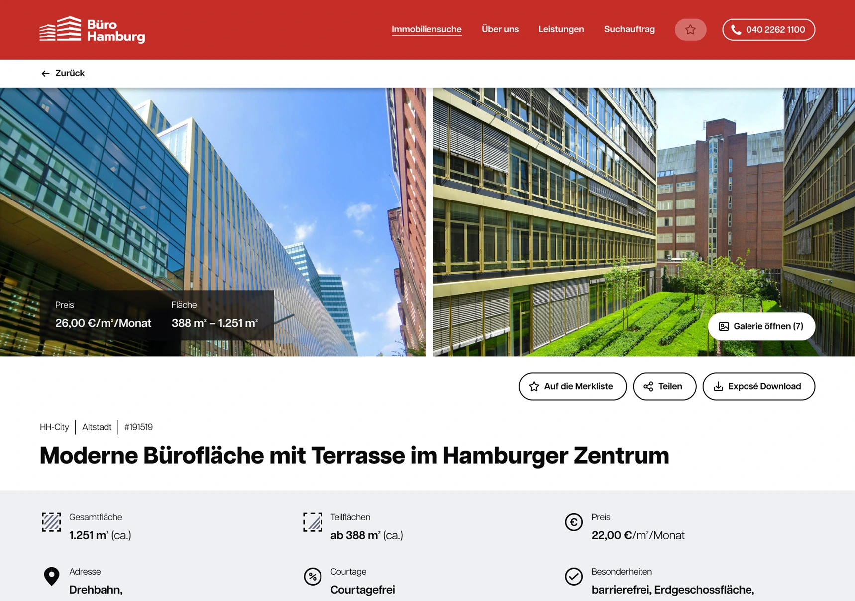 Tablet: property detail with key figures and brochure actions