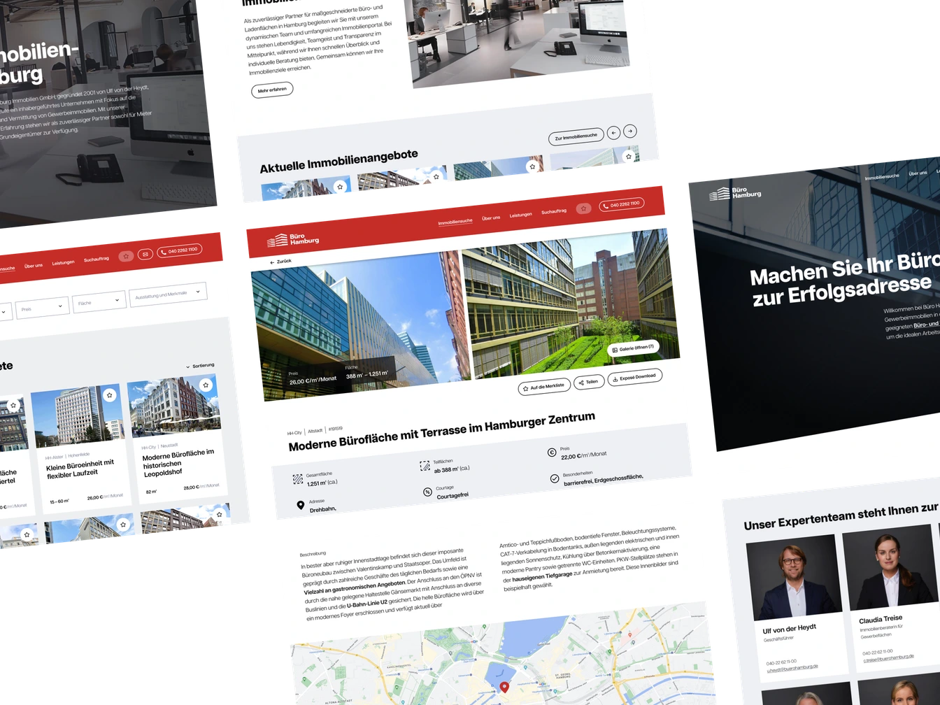 Collage: hero, search, listing detail, map, and team page