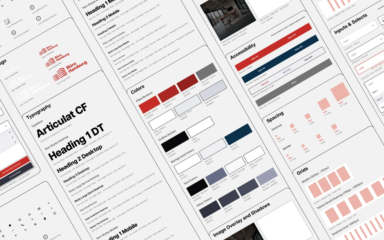 Website overview: multiple pages in corporate design with red accents