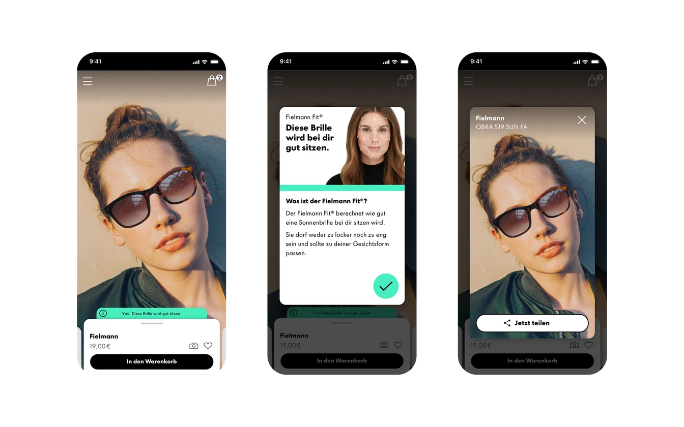 Three phone screens: Fielmann Fit® fit badge, explainer modal, and share view