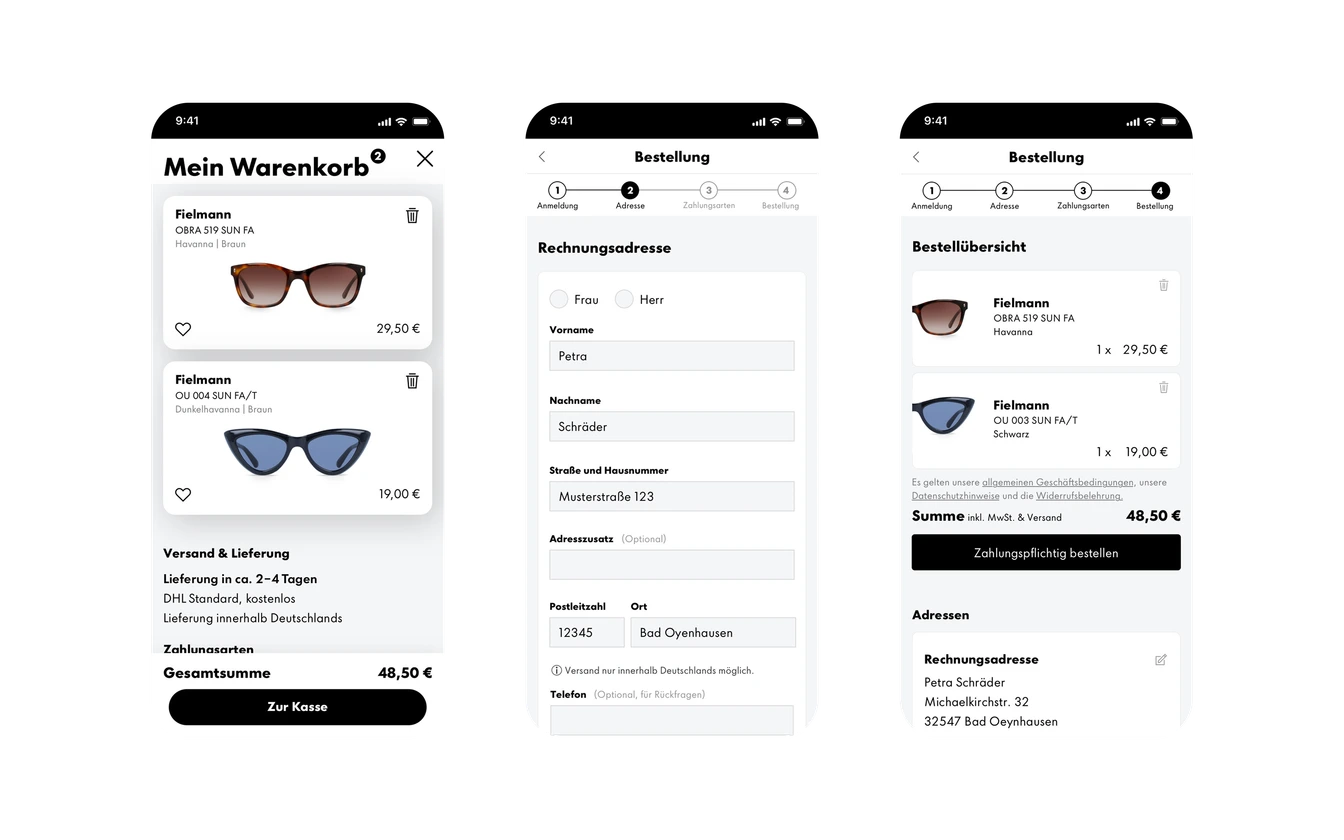 Three phone screens: cart, address form, and order review