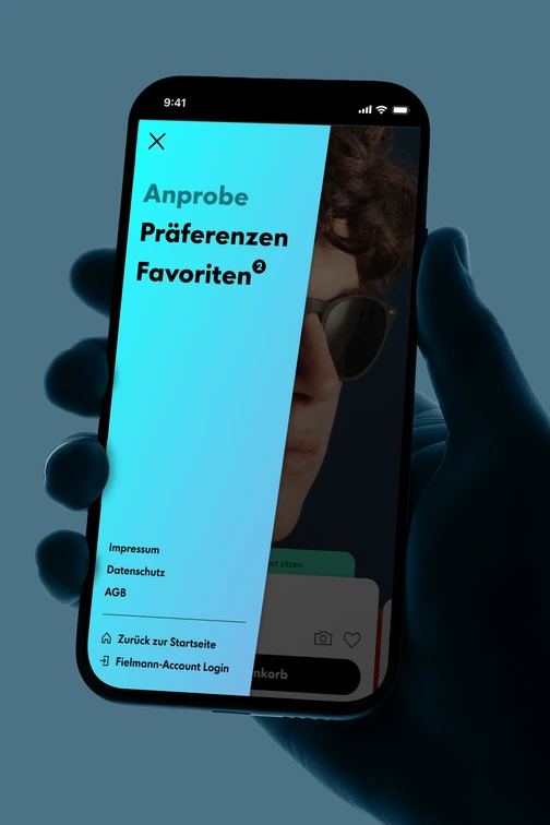Phone: “Try-on” side menu with cyan drawer over product view