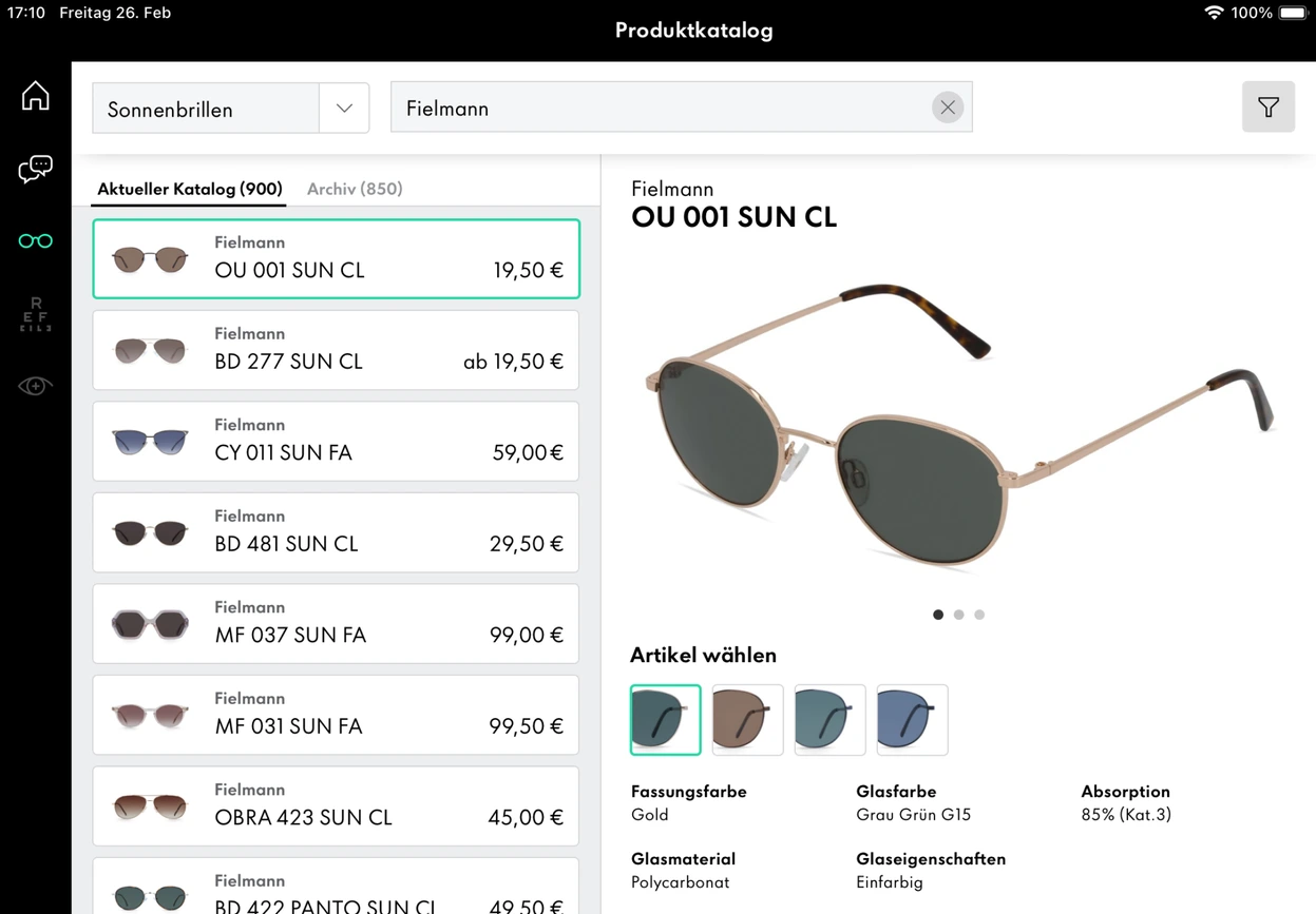 iPad catalog: sunglasses split view with list and “OU 001 SUN CL” detail
