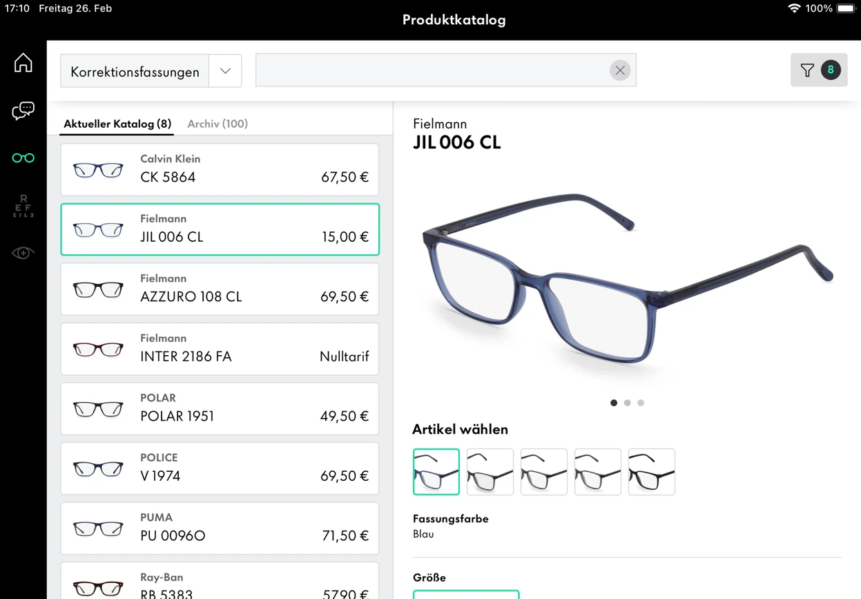 iPad catalog: prescription frames with eight filters and brand list
