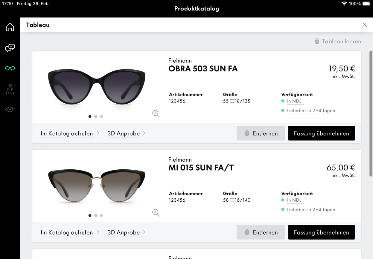 iPad catalog: tableau view with two shortlisted sunglasses for consultation