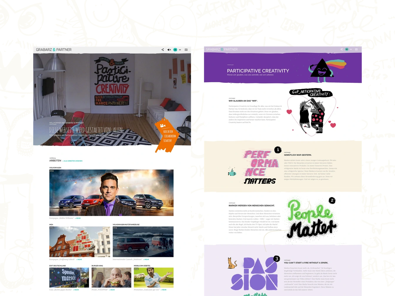 Desktop collage: work grid with campaigns and philosophy illustrations