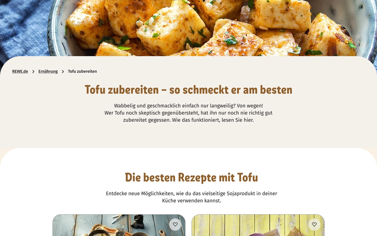 Tablet view: “Preparing tofu” article with hero photo and recipe cards