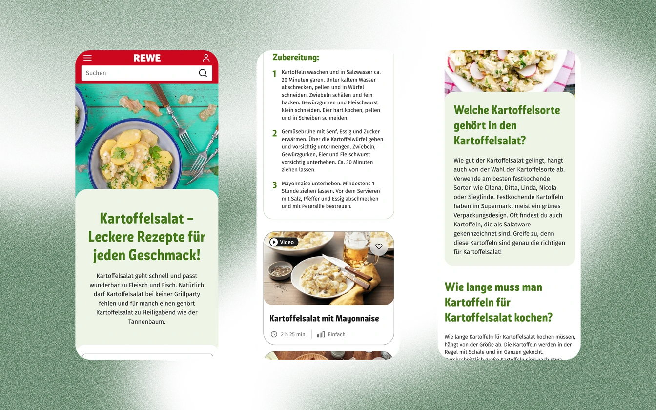 Three phone screens: potato salad recipes with hero, steps, and guide content