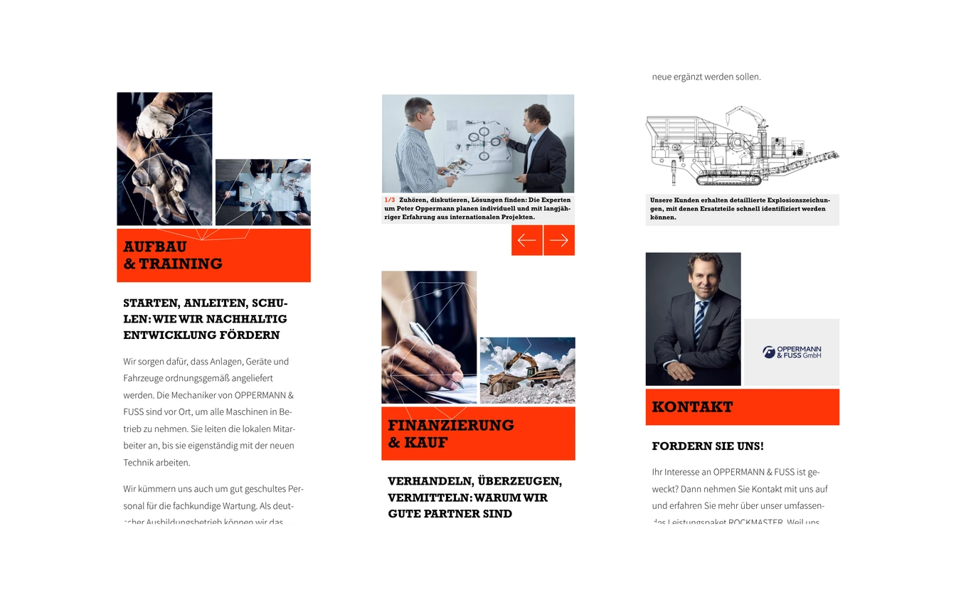 Three phone screens: Setup & Training, Financing & Purchase, Contact sections