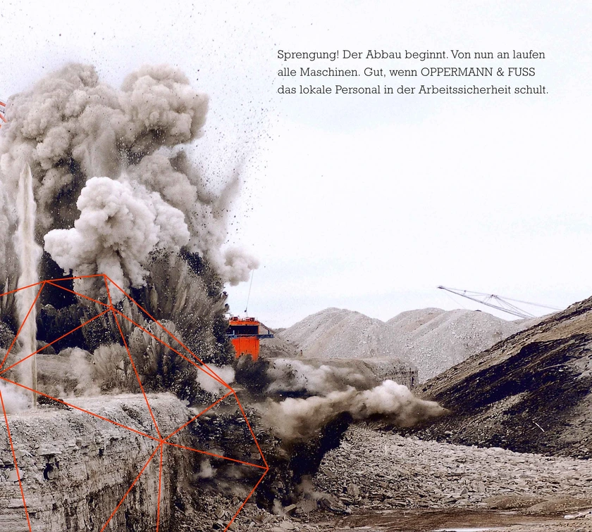 Desktop view: website section with polygonal rock illustration