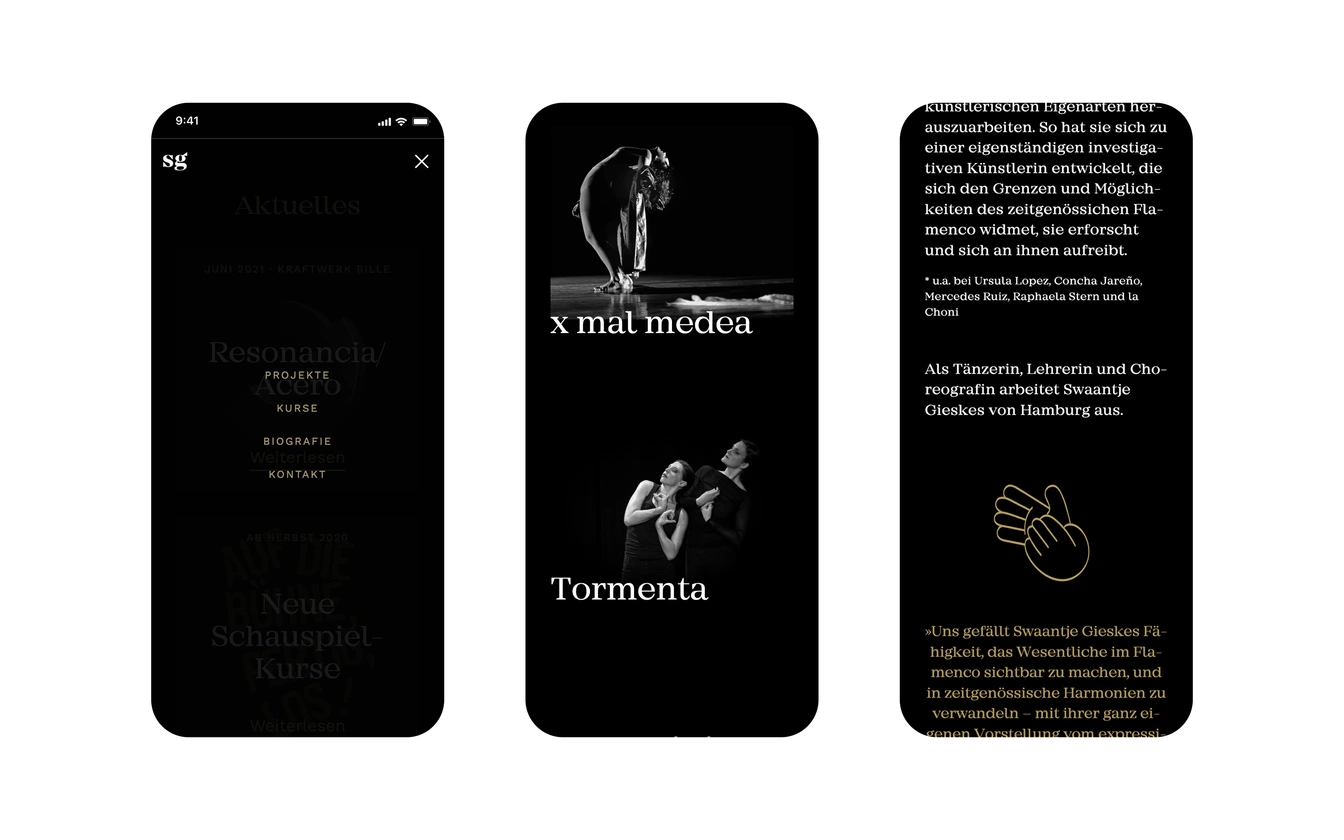 Desktop view: dark portfolio layout with project teasers