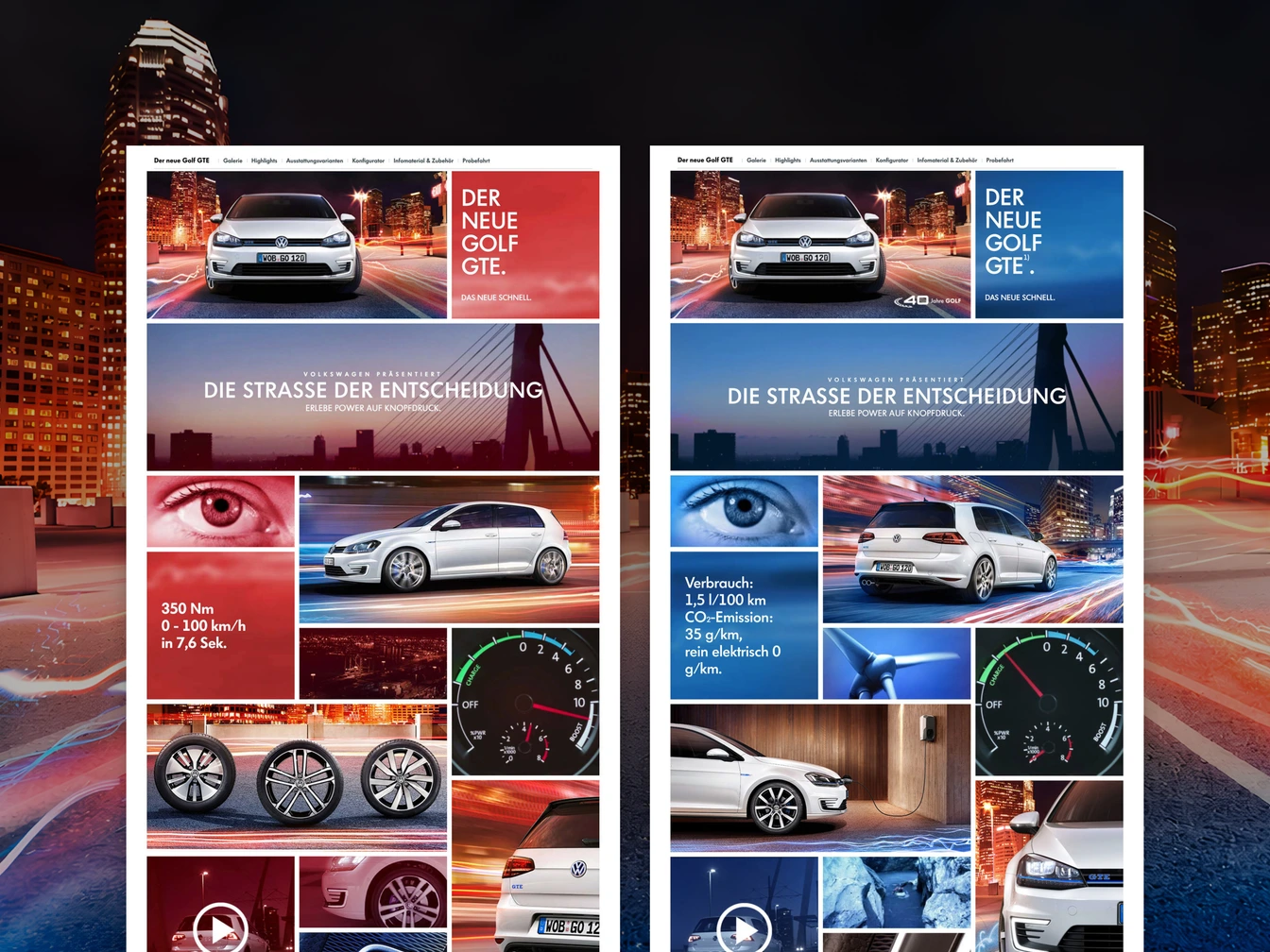 Two responsive layouts: performance (red) and efficiency (blue) bento grids