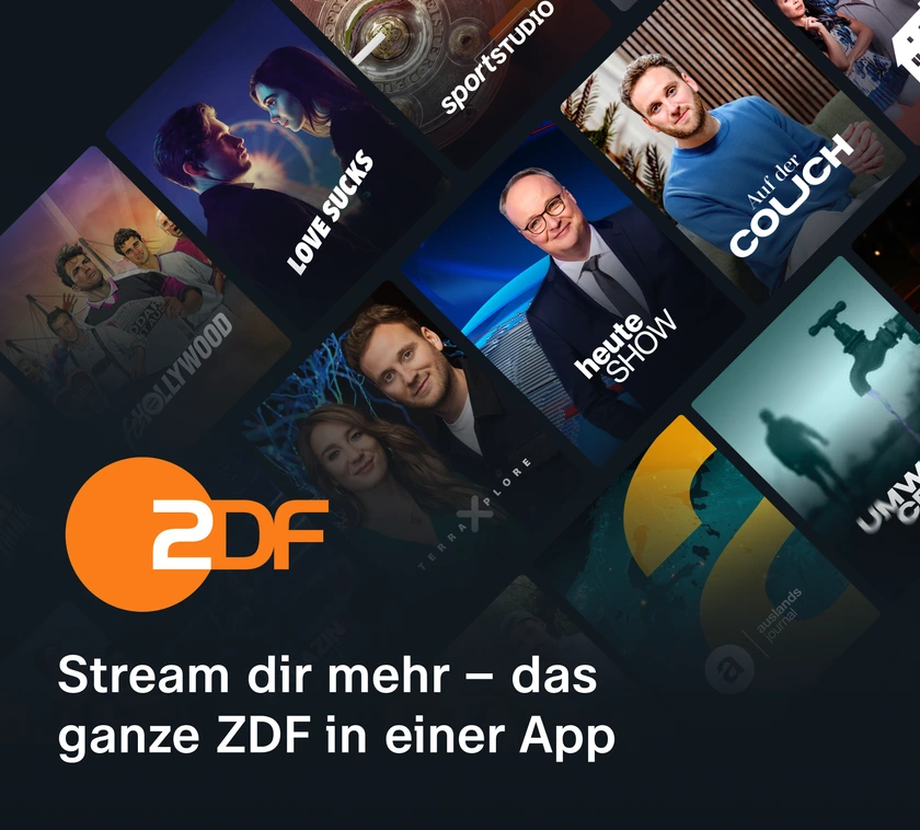 ZDF app promo with tilted show tile collage and “Stream more” headline