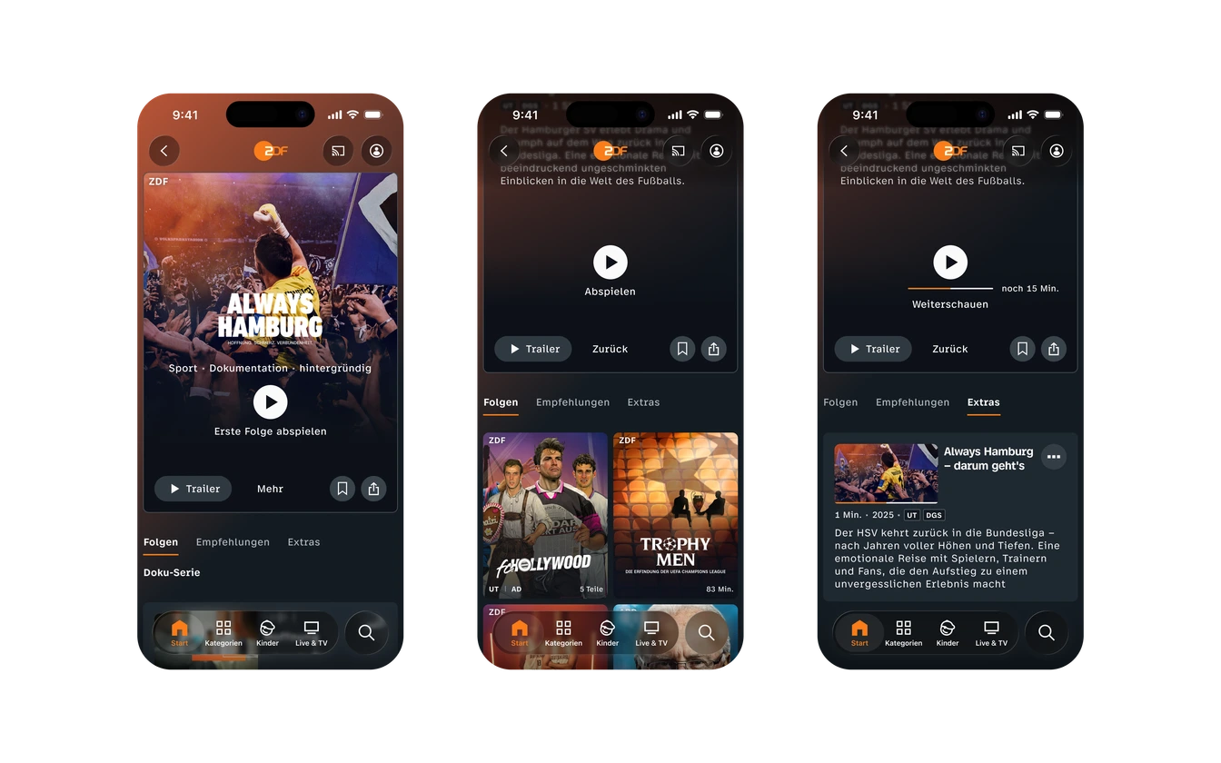 Three iPhone mockups of the ZDF app: “Always Hamburg” series page with episodes, recommendations, and extras