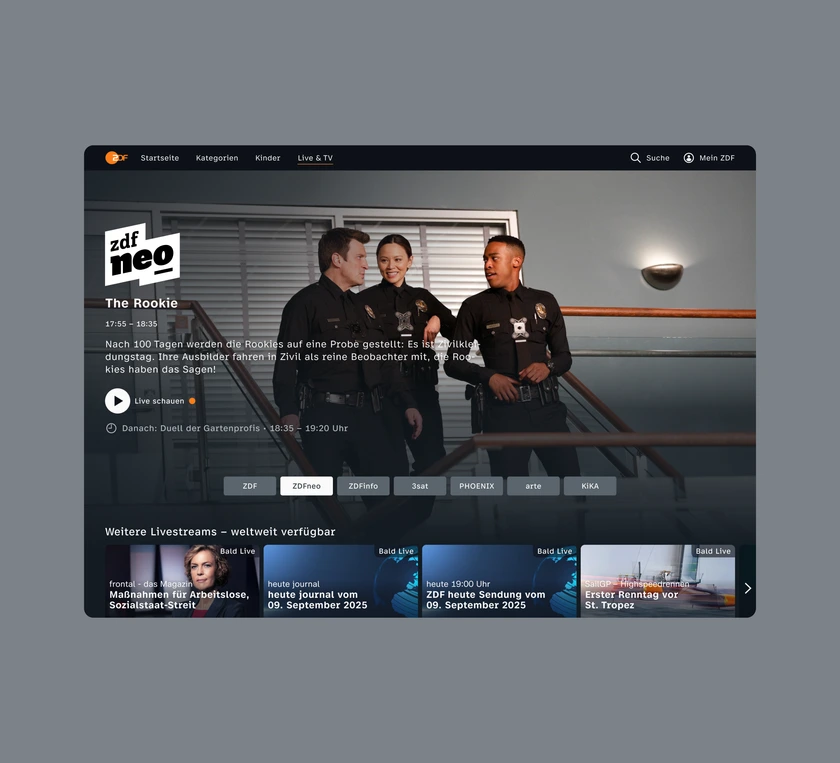 Desktop web: Live & TV page with hero, channel bar, and more livestreams