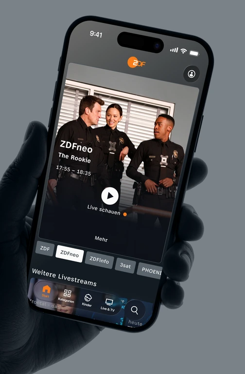 iPhone mockup: ZDFneo live TV view featuring “The Rookie” and channel picker