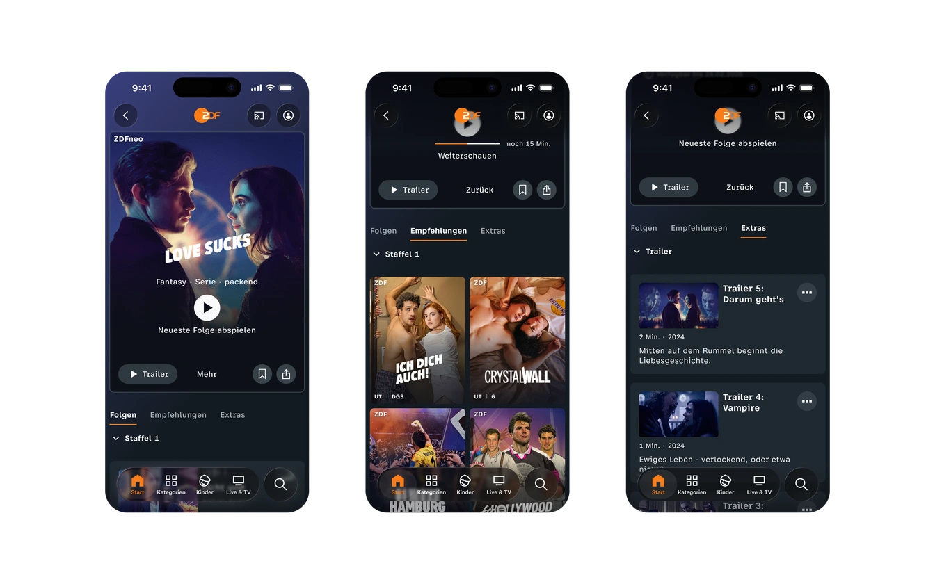 Three iPhone mockups: “Love Sucks” detail with recommendations and trailer extras