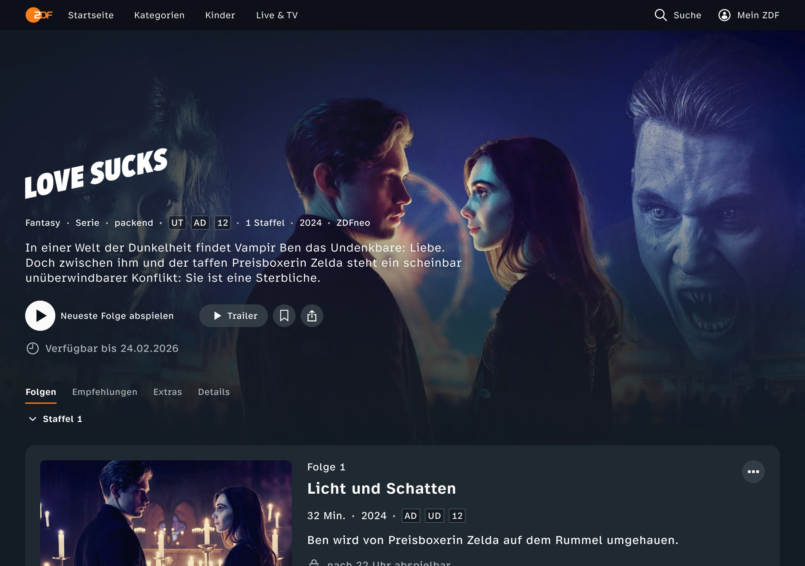 iPad mockup: “Love Sucks” series page with episode list and continue-watching bar