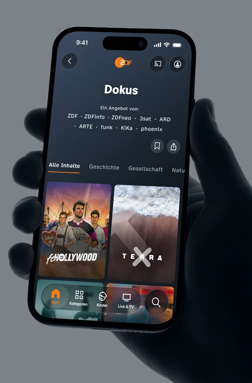 iPhone mockup: “Dokus” category with tab navigation and documentary posters
