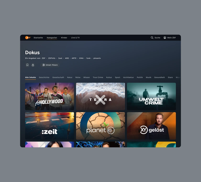 Desktop web: documentaries overview with filters and title grid